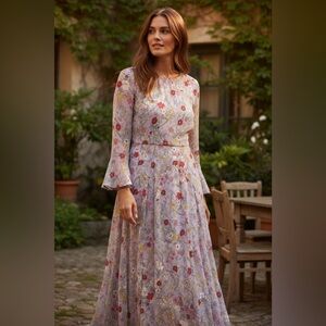Molly Bracken Multicolor Cottage-core Floral Long Bell Sleeve Sheer Maxi Dress